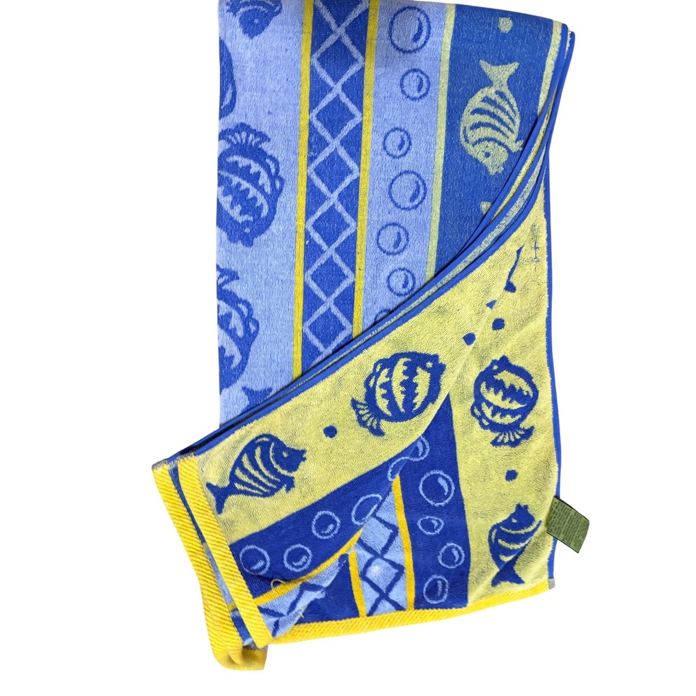 VTG Cecil Saydah Company Blue Yellow Tropical Fish Cotton Beach Towel Nautical
